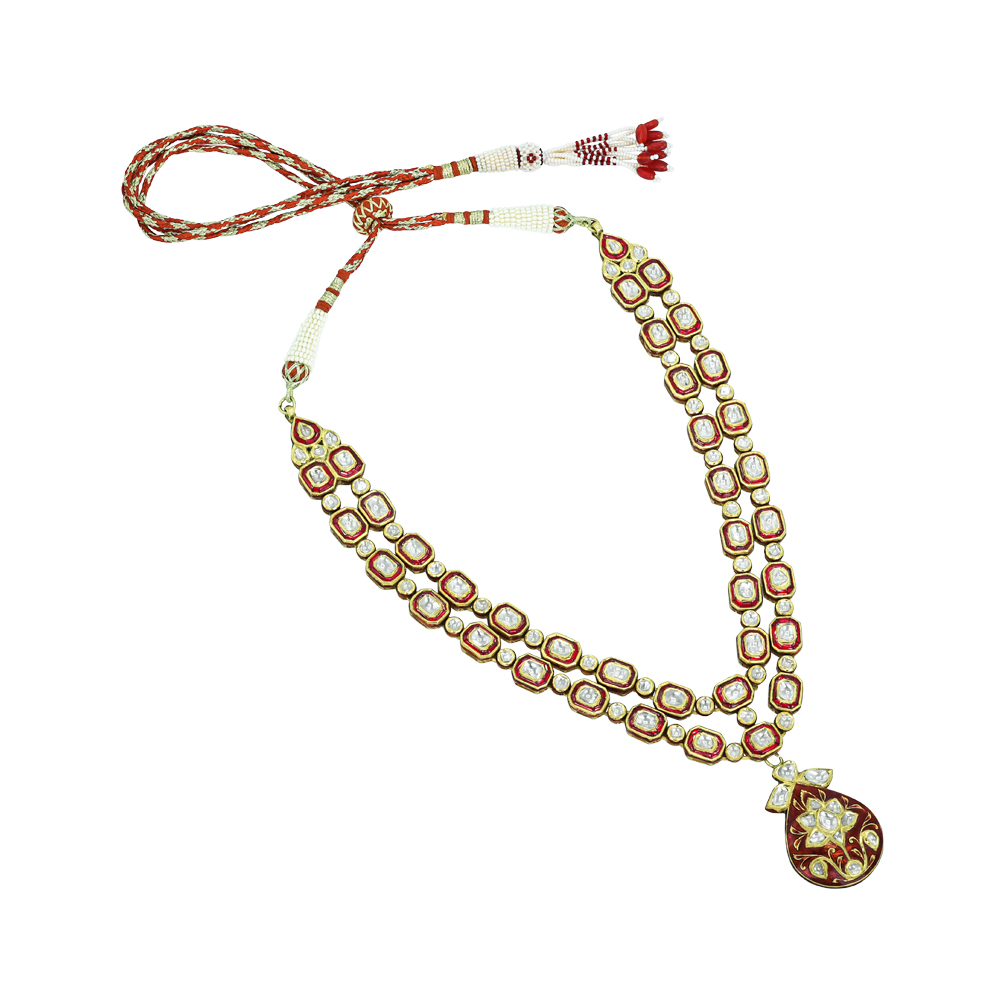 Double-Layer Polki Necklace with Red Enamel and Floral Pendant